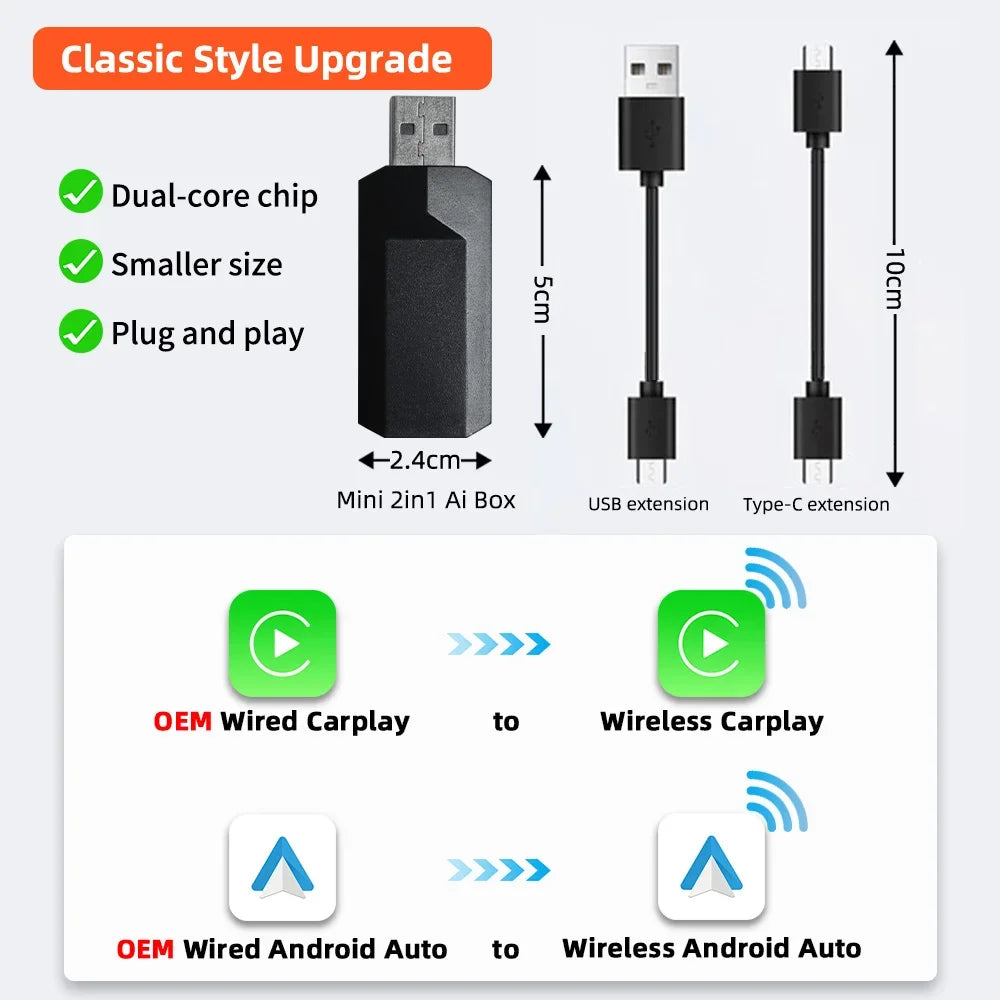 Wired to Wireless 2in1 Box CarPlay Android Auto Adapter