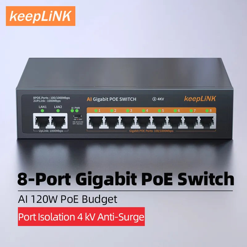 KeepLink POE Switch 1000 Mbps 8 Ports Network Standard POE Ethernet Switch 52V Built-In Power for CCTV IP Camera/Wifi Router