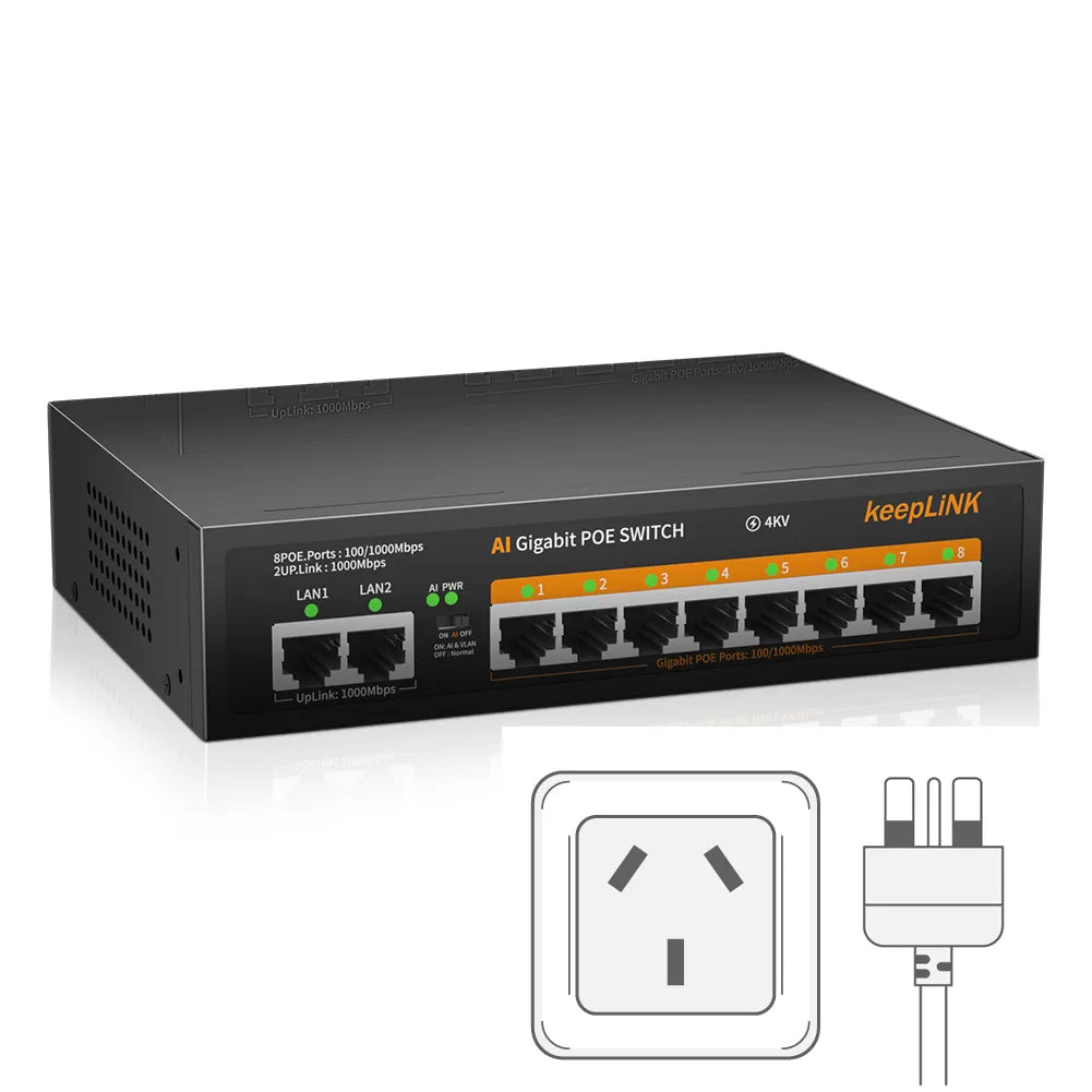 KeepLink POE Switch 1000 Mbps 8 Ports Network Standard POE Ethernet Switch 52V Built-In Power for CCTV IP Camera/Wifi Router