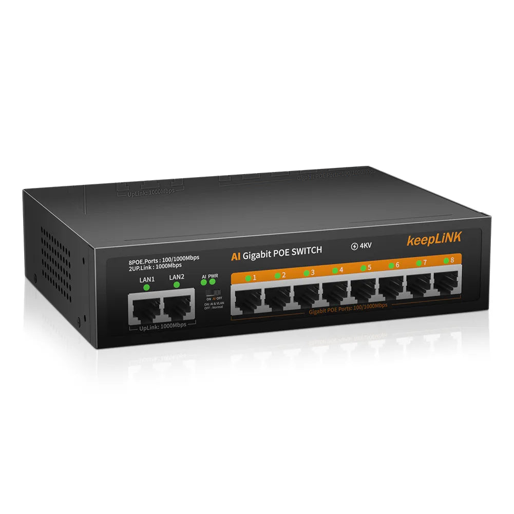 KeepLink POE Switch 1000 Mbps 8 Ports Network Standard POE Ethernet Switch 52V Built-In Power for CCTV IP Camera/Wifi Router