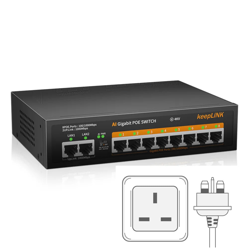 KeepLink POE Switch 1000 Mbps 8 Ports Network Standard POE Ethernet Switch 52V Built-In Power for CCTV IP Camera/Wifi Router