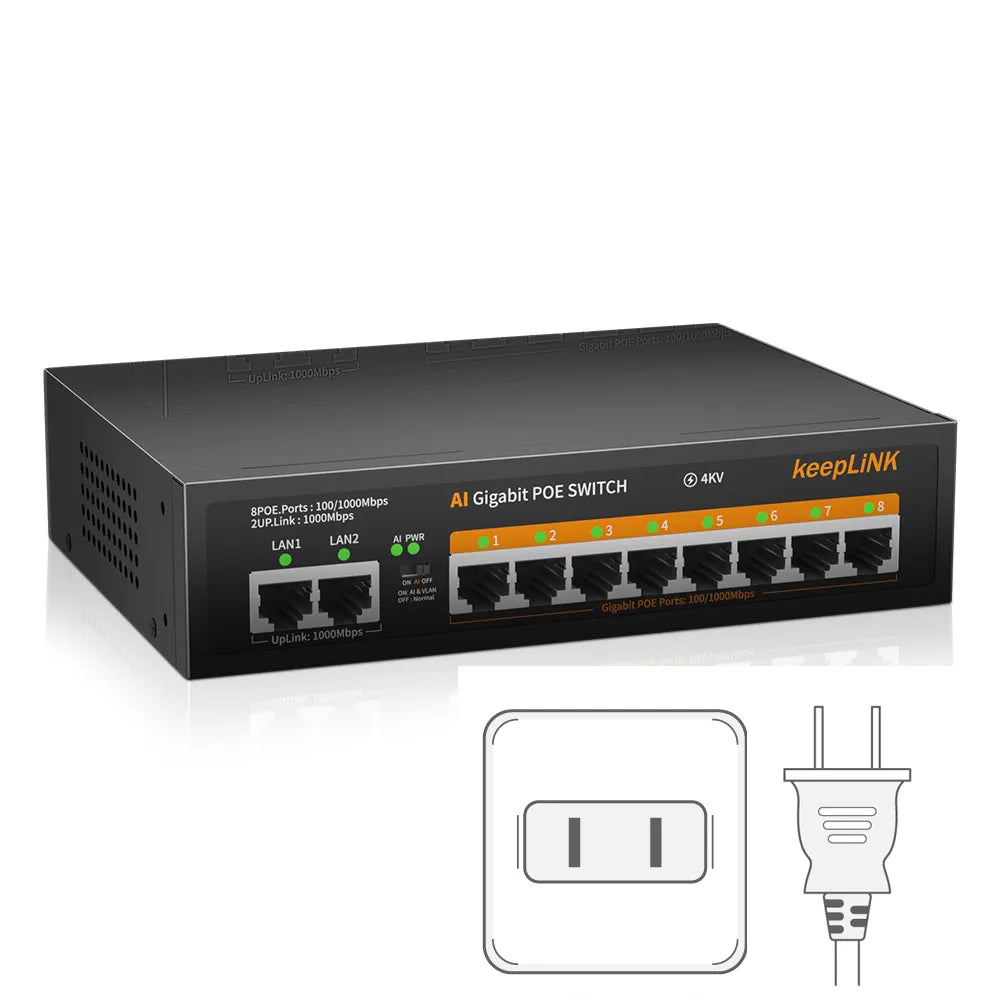 KeepLink POE Switch 1000 Mbps 8 Ports Network Standard POE Ethernet Switch 52V Built-In Power for CCTV IP Camera/Wifi Router