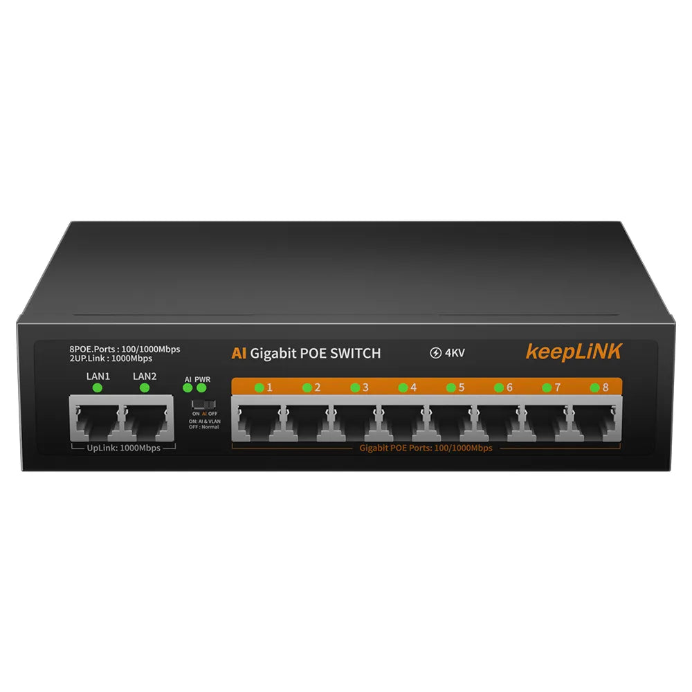 KeepLink POE Switch 1000 Mbps 8 Ports Network Standard POE Ethernet Switch 52V Built-In Power for CCTV IP Camera/Wifi Router