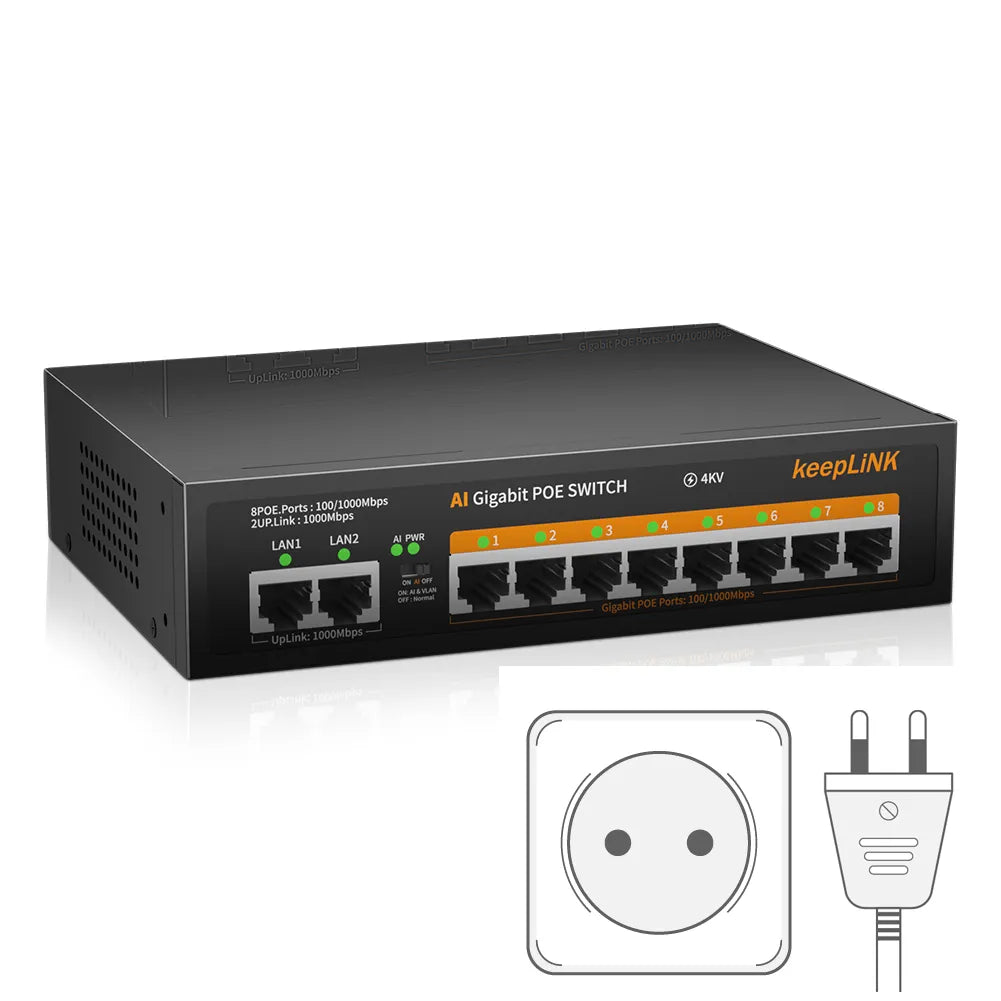 KeepLink POE Switch 1000 Mbps 8 Ports Network Standard POE Ethernet Switch 52V Built-In Power for CCTV IP Camera/Wifi Router