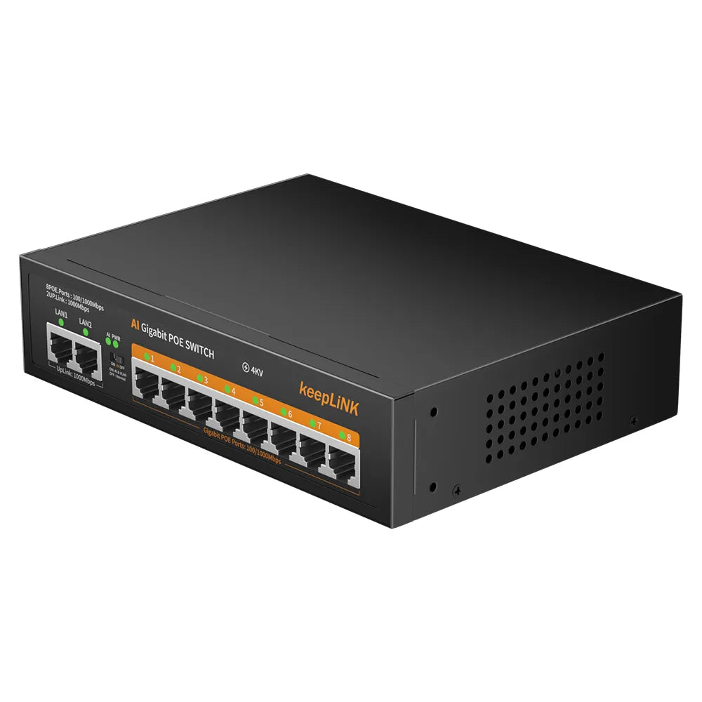 KeepLink POE Switch 1000 Mbps 8 Ports Network Standard POE Ethernet Switch 52V Built-In Power for CCTV IP Camera/Wifi Router