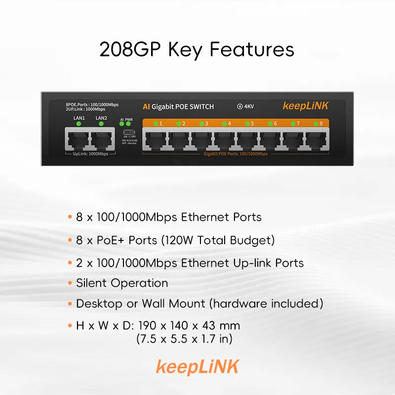 KeepLink POE Switch 1000 Mbps 8 Ports Network Standard POE Ethernet Switch 52V Built-In Power for CCTV IP Camera/Wifi Router